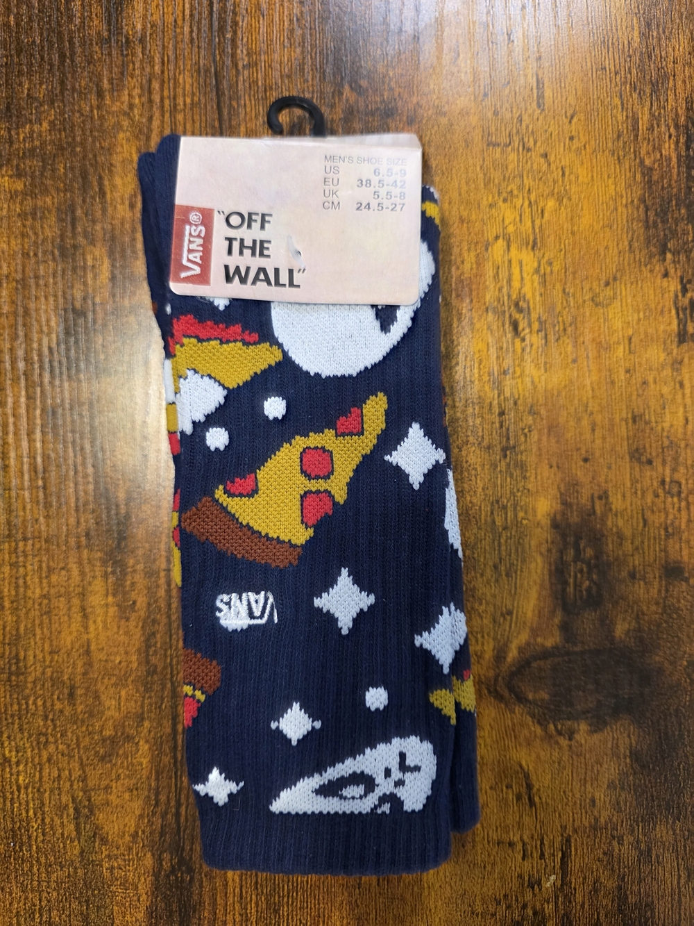 Vans Navy Crew Socks with Yellow & Red Pizza and White Space Motifs